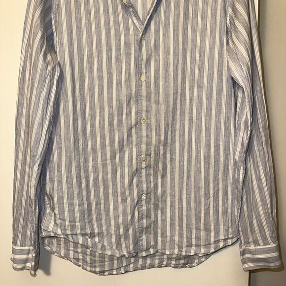 Theory Womens Blue White Linen Blend Button Down Shirt Large EUC - Picture 2 of 12
